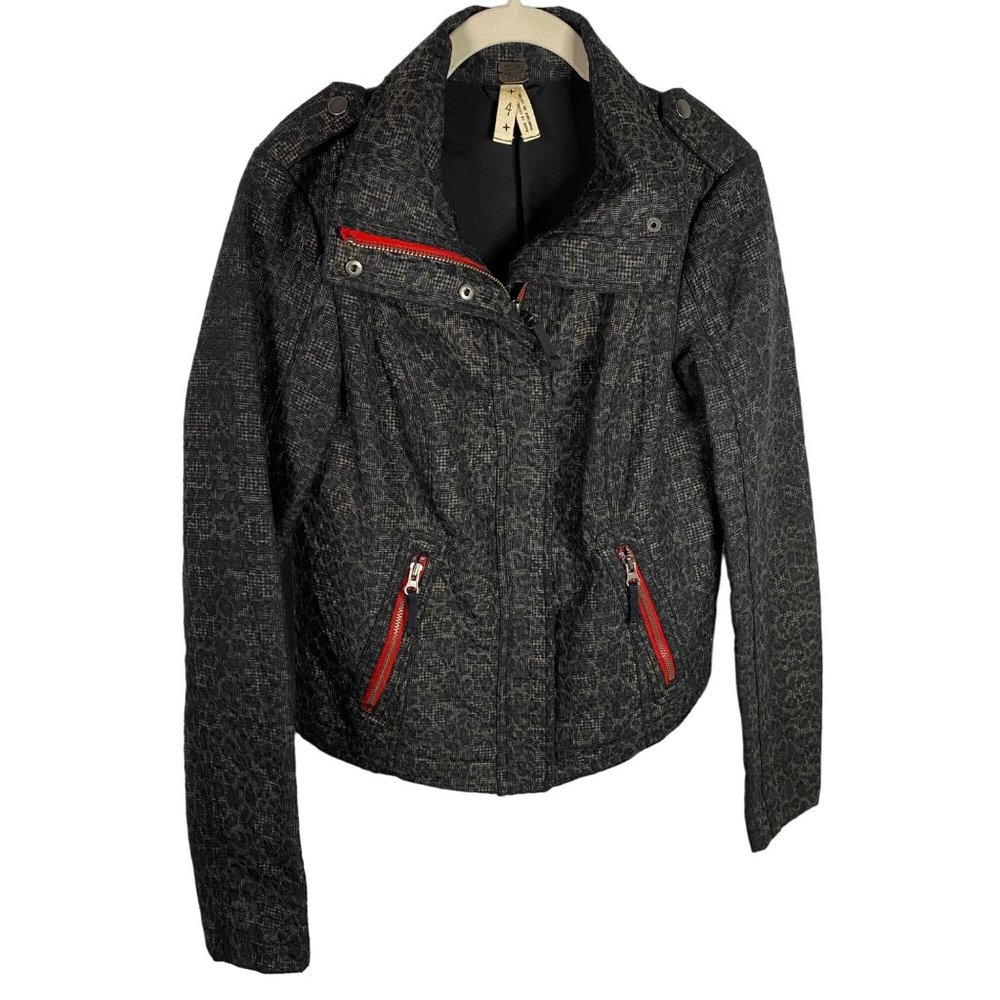 We The Free/‎ Free People Black Brown Animal Print Moto Red Zip Jacket Coat Sz 4
